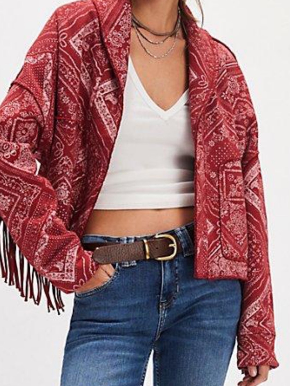 Free People Ragabond Wyatt Bandana-Print Fringe Cardi NWT Medium